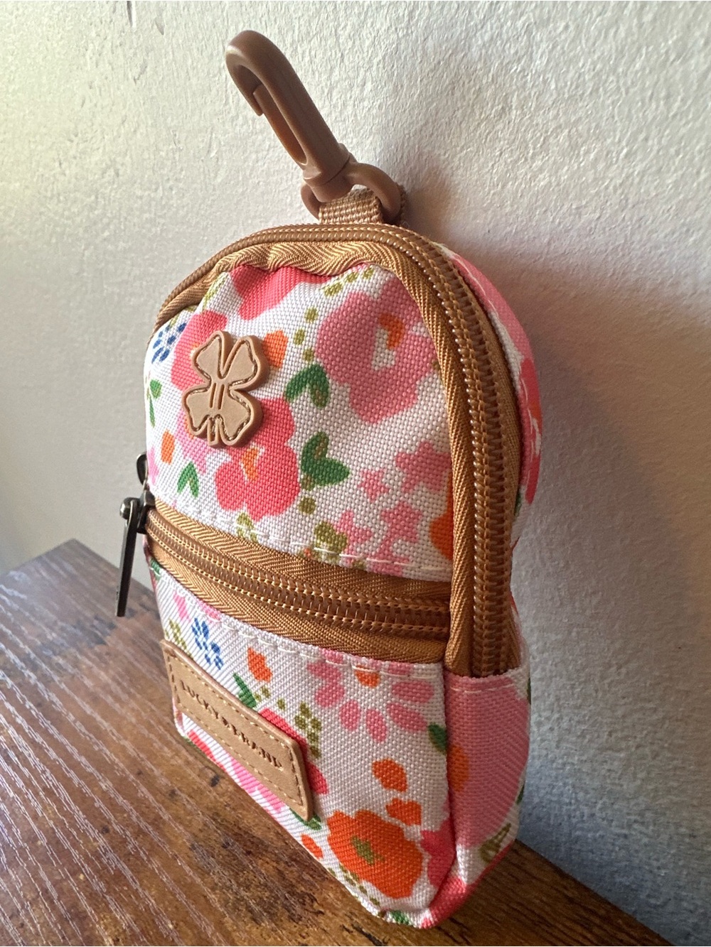 Lucky Brand Pink Floral Mini Bag Pouch Keychain Bag Charm Pink w/ Tan Trim NWOT - Picture 2 of 5